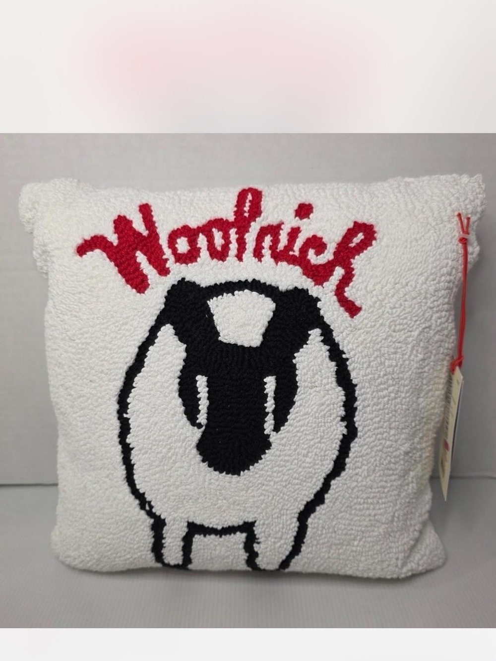 Woolrich White Hooked Sheep Pillow with Black & Red Accents